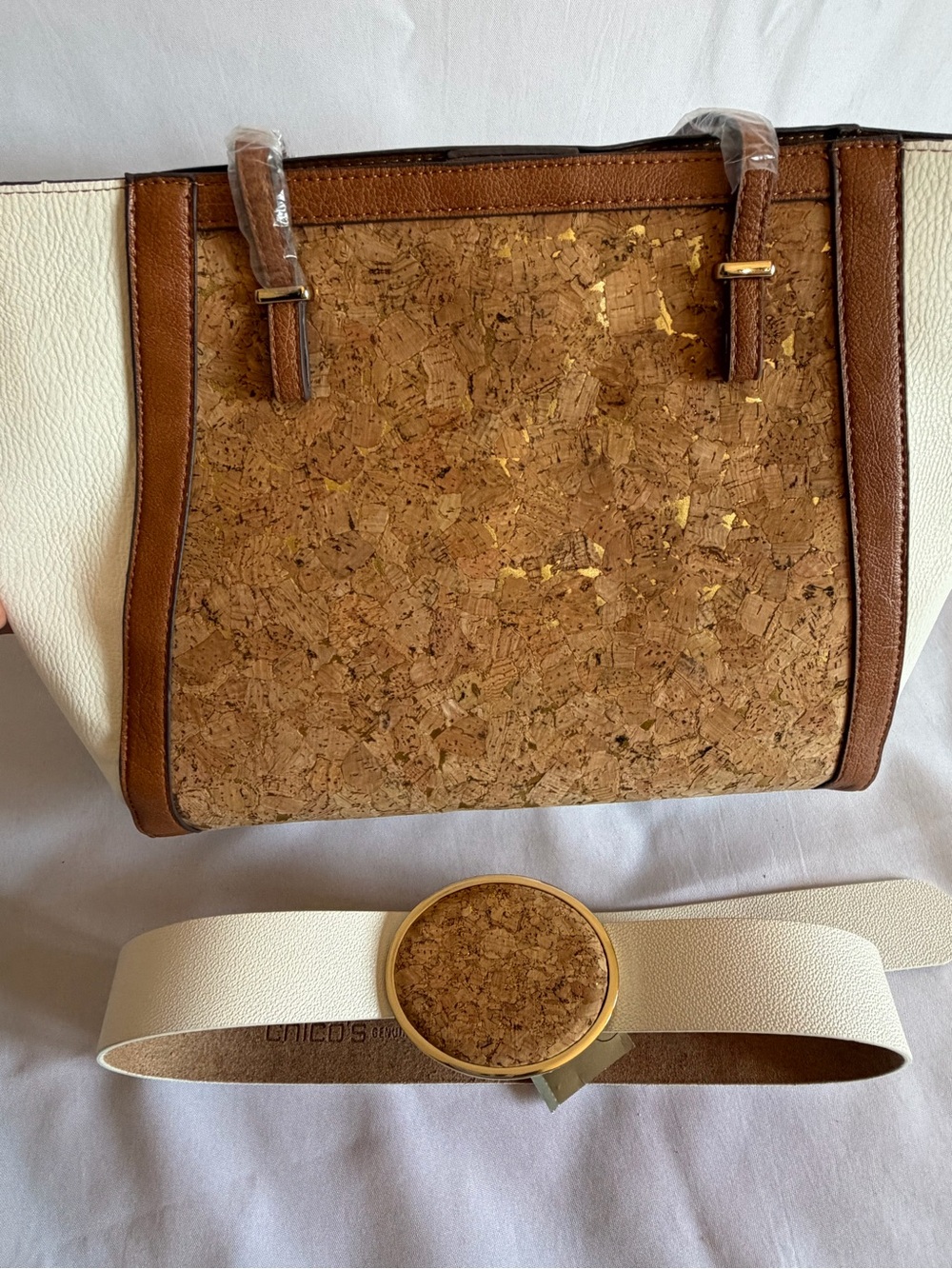 Bundle: Chico's Cork Tote with Gold Fleck Accents & Matching Belt. - Picture 3 of 11
